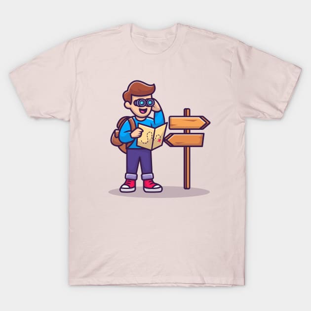 Cute Travelling Boy With Binocular Cartoon T-Shirt by Catalyst Labs